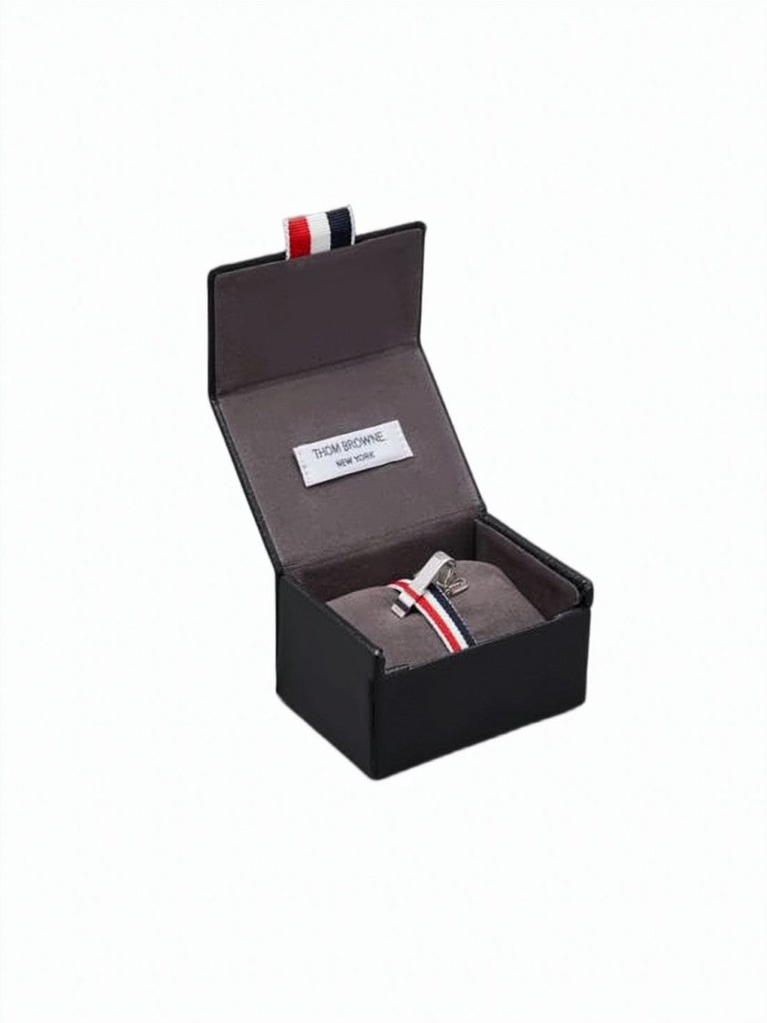 Thom Browne Polished Silver Tie Clip With Tri-Color Stripes And Minimalist Design