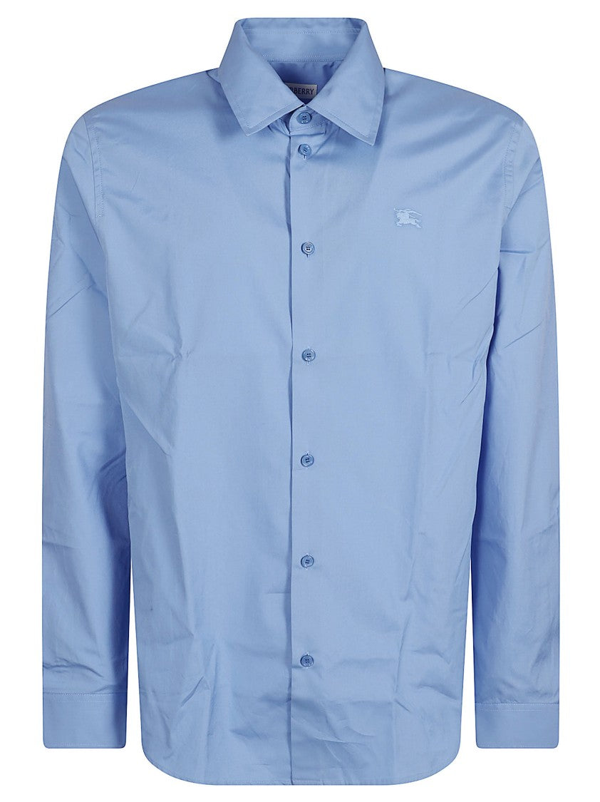 Burberry Long Sleeve Powder Blue Button-Down Shirt With Embroidered Logo