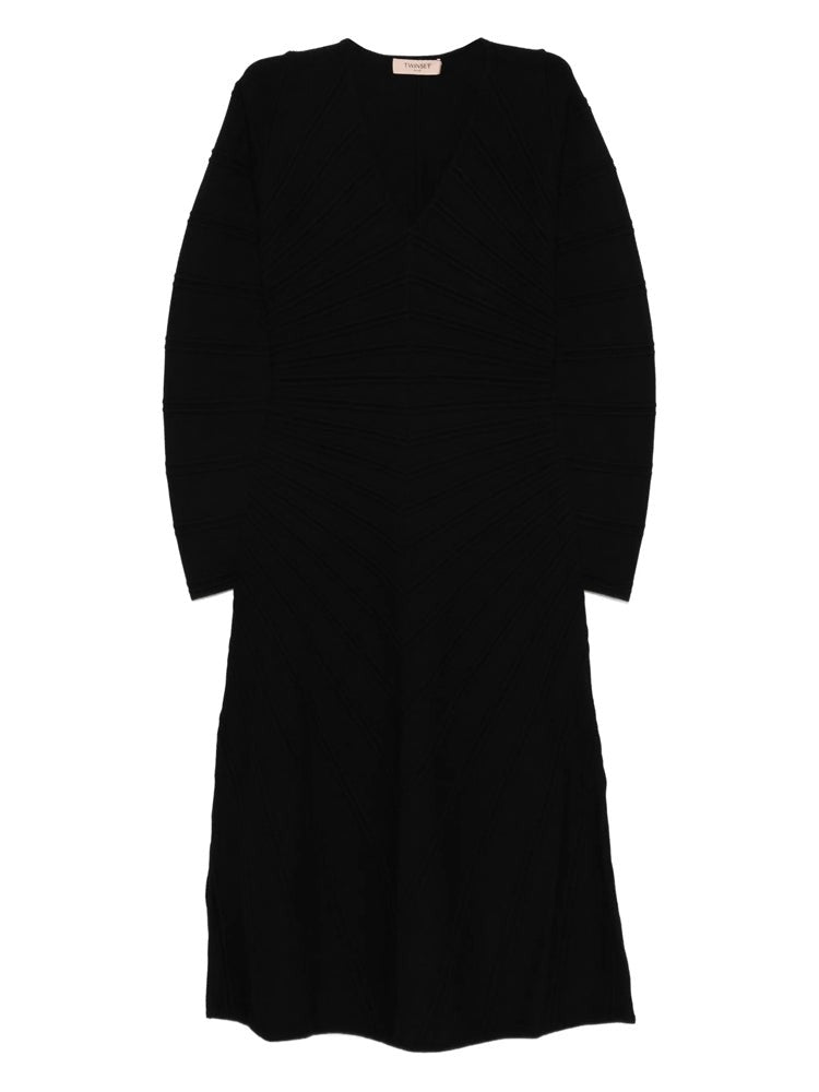 Twin-Set Fitted Midi Dress With Subtle V-Neckline And Long Sleeves