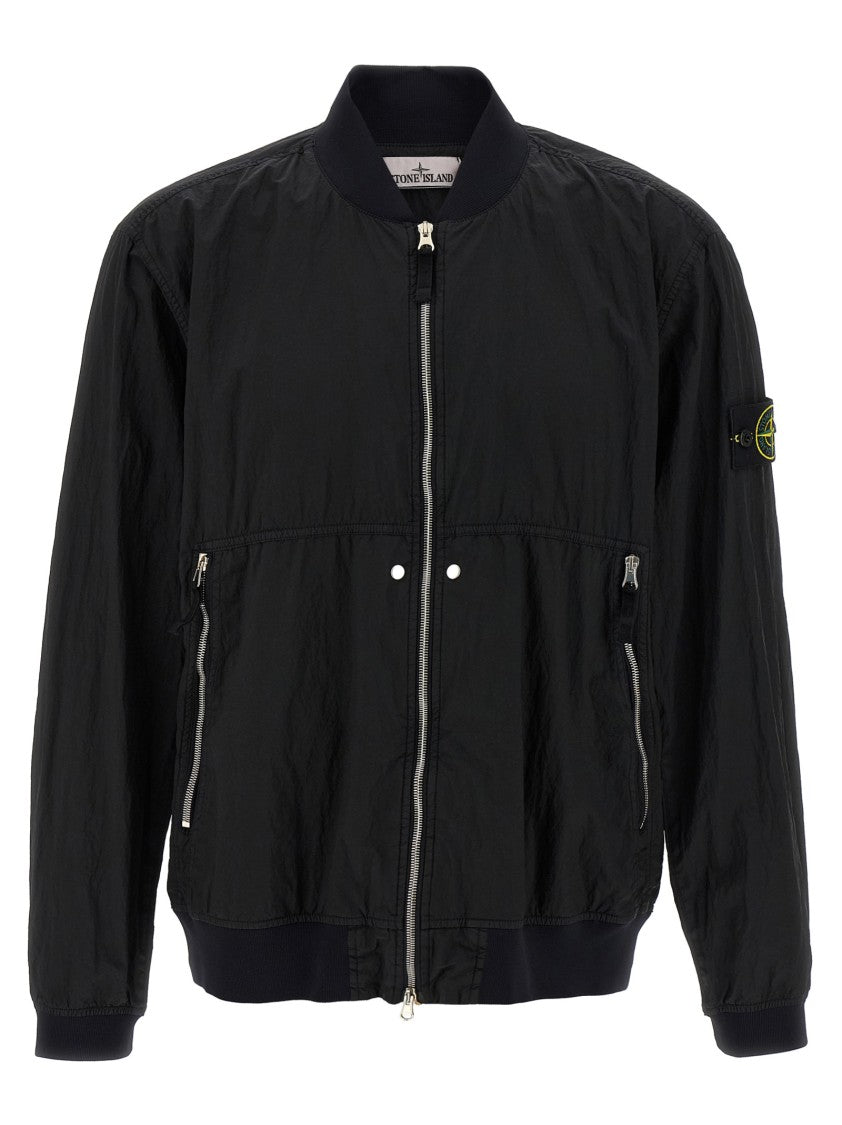 Stone Island Wrinkled Nylon Bomber Jacket With Zip Pockets