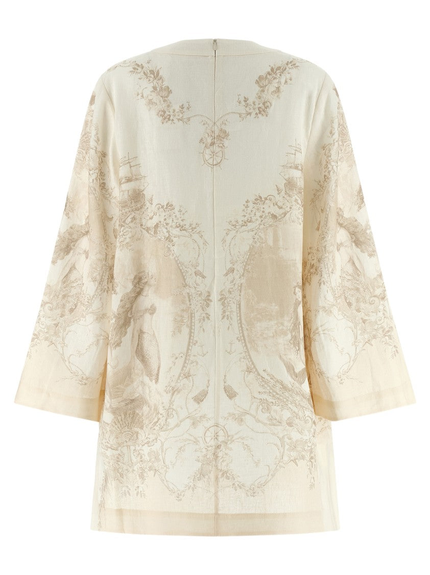 Zimmermann Mermaid Toile Patterned Linen Mini Tunic Dress With Flared Sleeves