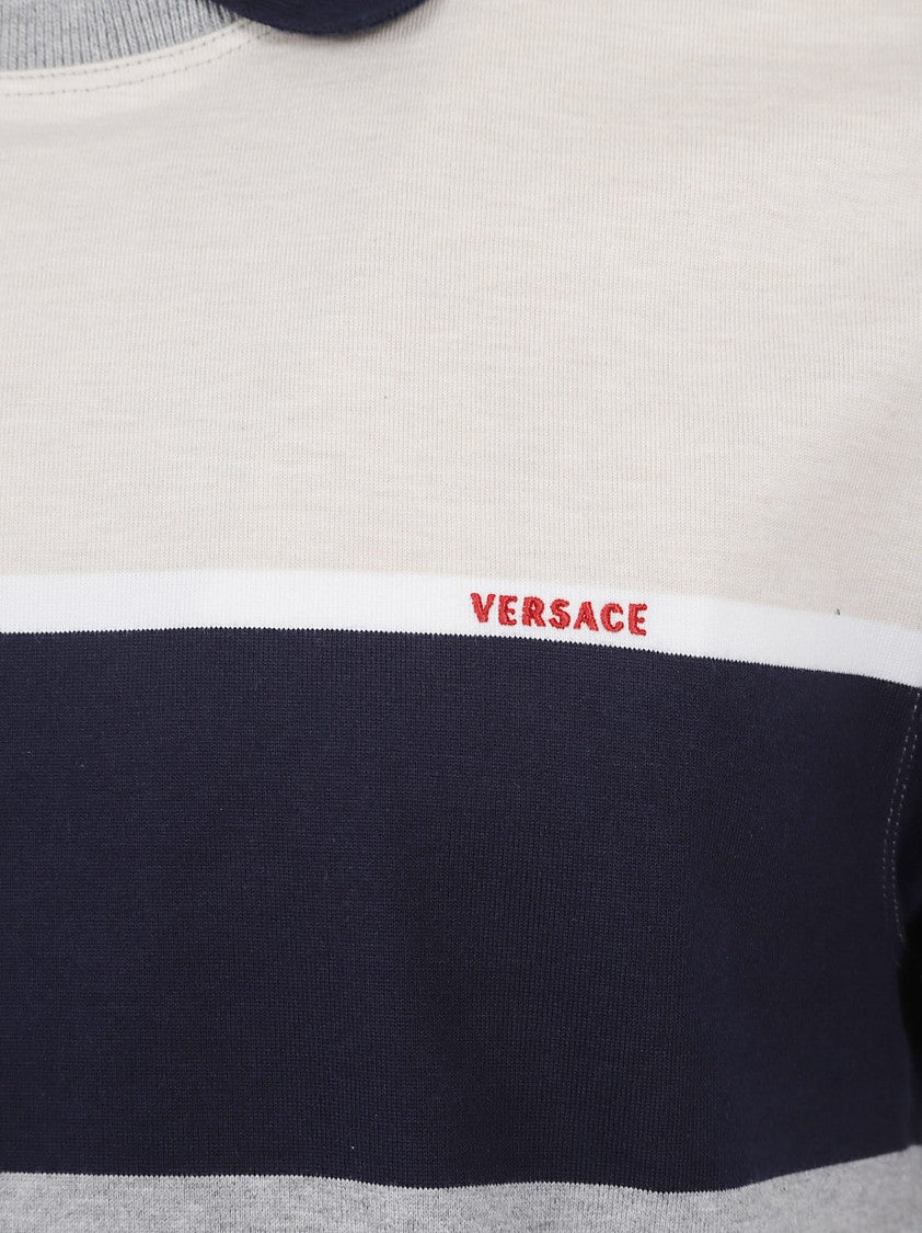 Versace Horizontal Striped Short-Sleeve Polo With Contrasting Collar
