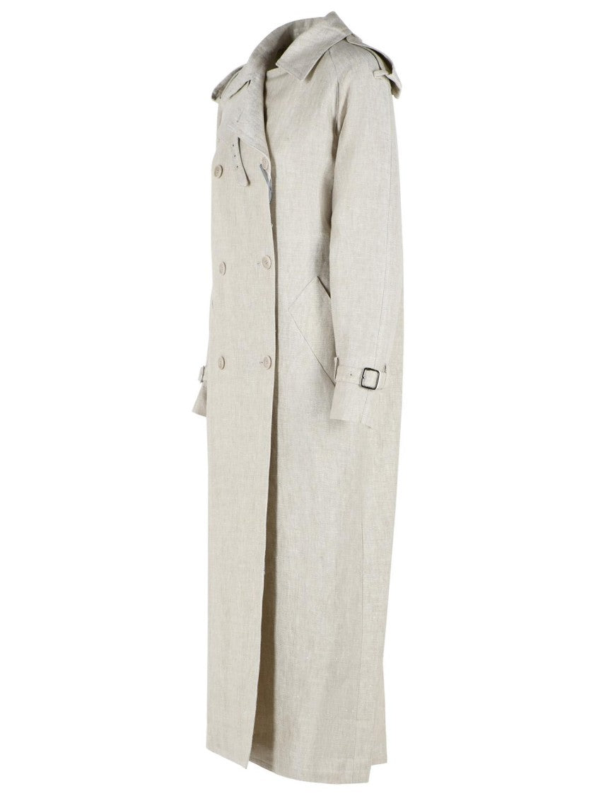 Max Mara Double-Breasted Duster In 'Drill' Of Pure Beige Sand Linen