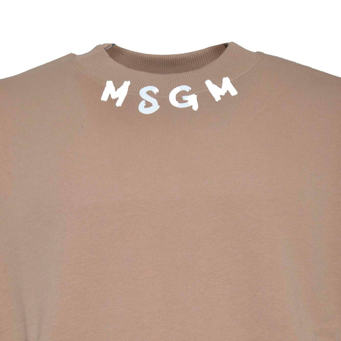 Msgm Beige Cotton Crewneck Sweatshirt Brush Logo Print On Neck