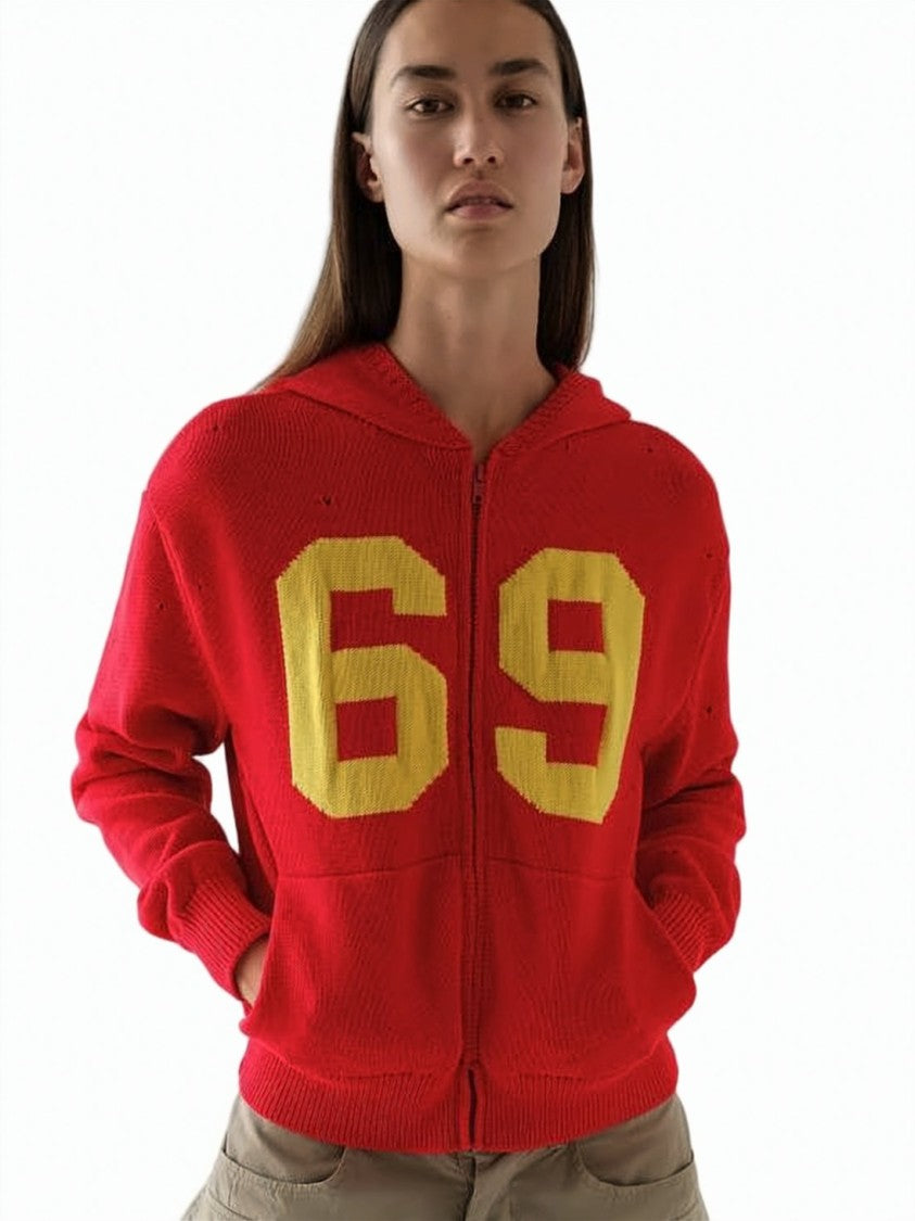 Gimaguas Red Knitted Zip-Up Kangaroo Pocket Hoodie