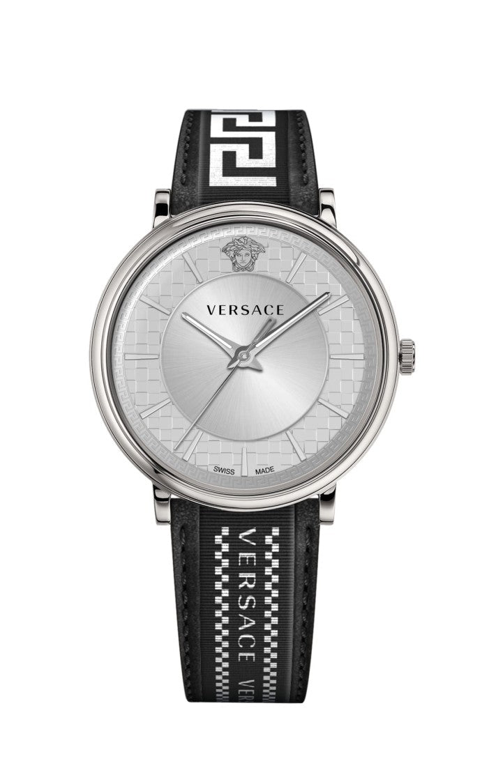 Versace V-Circle 42Mm Quartz Watch With Black Leather Strap
