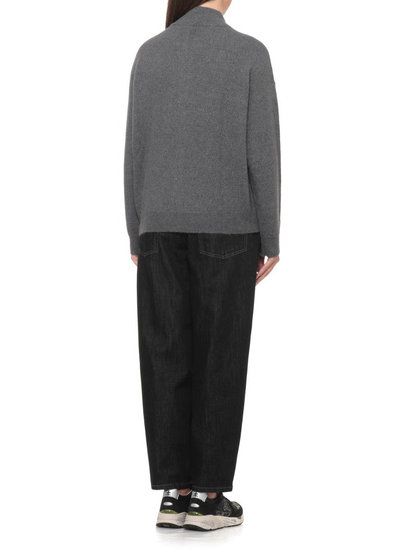 Peserico Grey Wool Blend Cardigan With Paillettes And High Neck Design