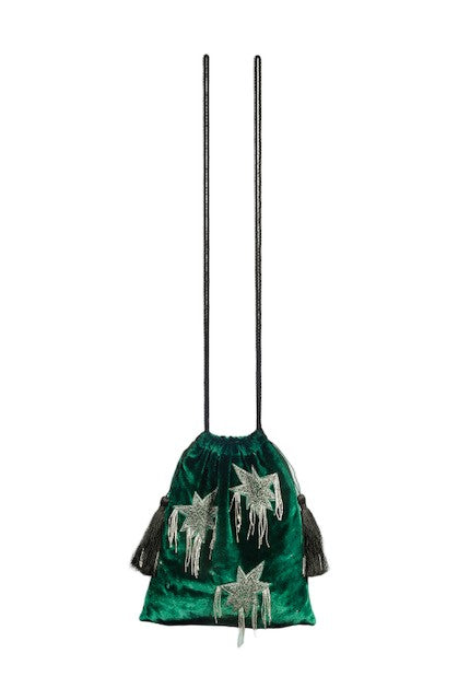 Hamoulet Small Green Velvet Drawstring Bag With Silver Embroidery