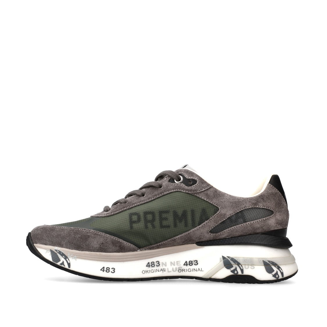 Premiata Moerun Sneakers In Gray Suede And Technical Fabric Green