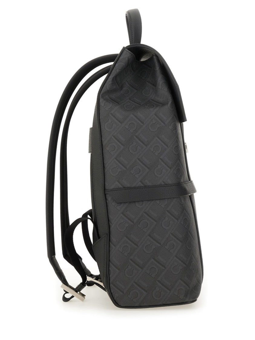 Ferragamo Structured Black Backpack With Metallic Buckle Closure