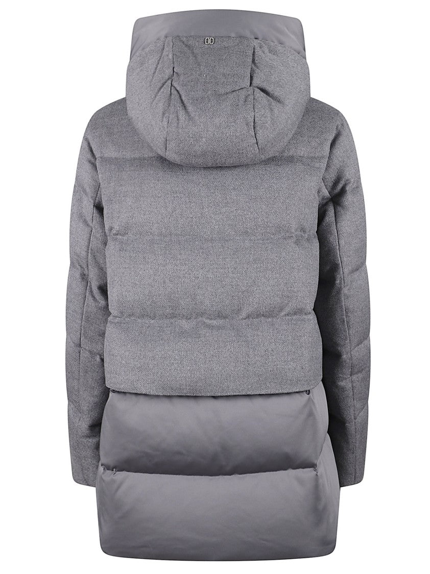 Duno Bi-Material Short Down Coat With Adjustable Hood And Drawstring Hem