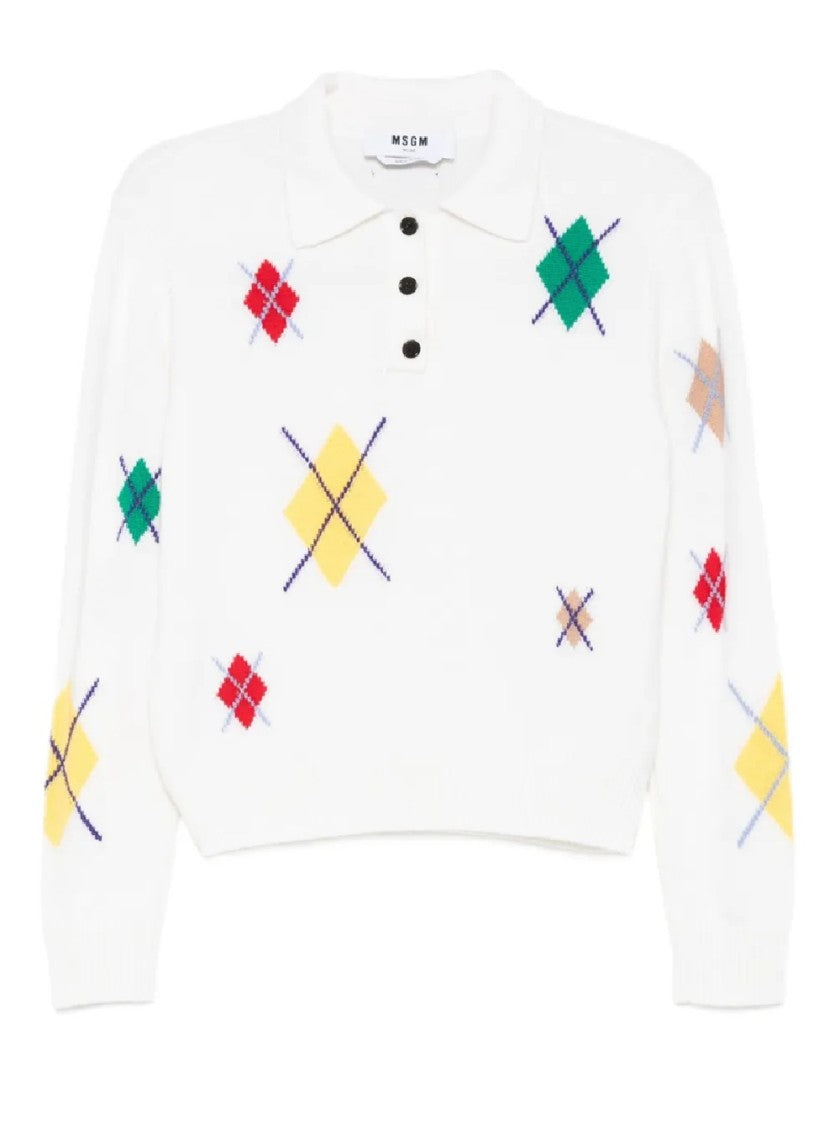 Msgm Cropped White Sweater With Colorful Argyle Patterns And Classic Collar
