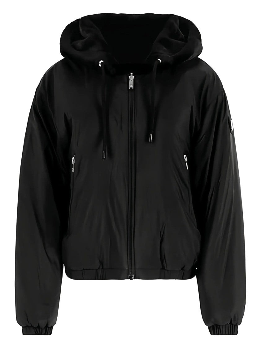Moose Knuckles Cropped Black Faux Fur Jacket With Plush Hood And Zippered Pockets