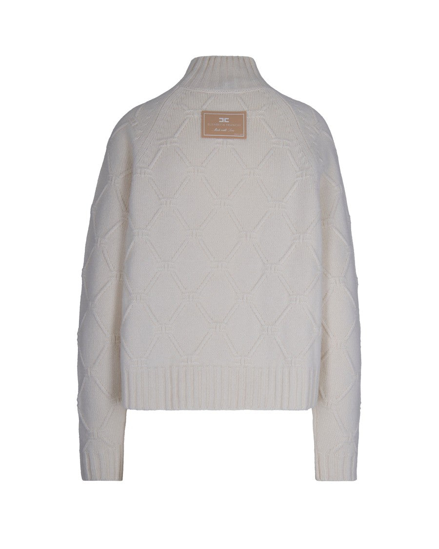 Elisabetta Franchi High-Neck Knit Sweater With Jacquard Diamond Pattern