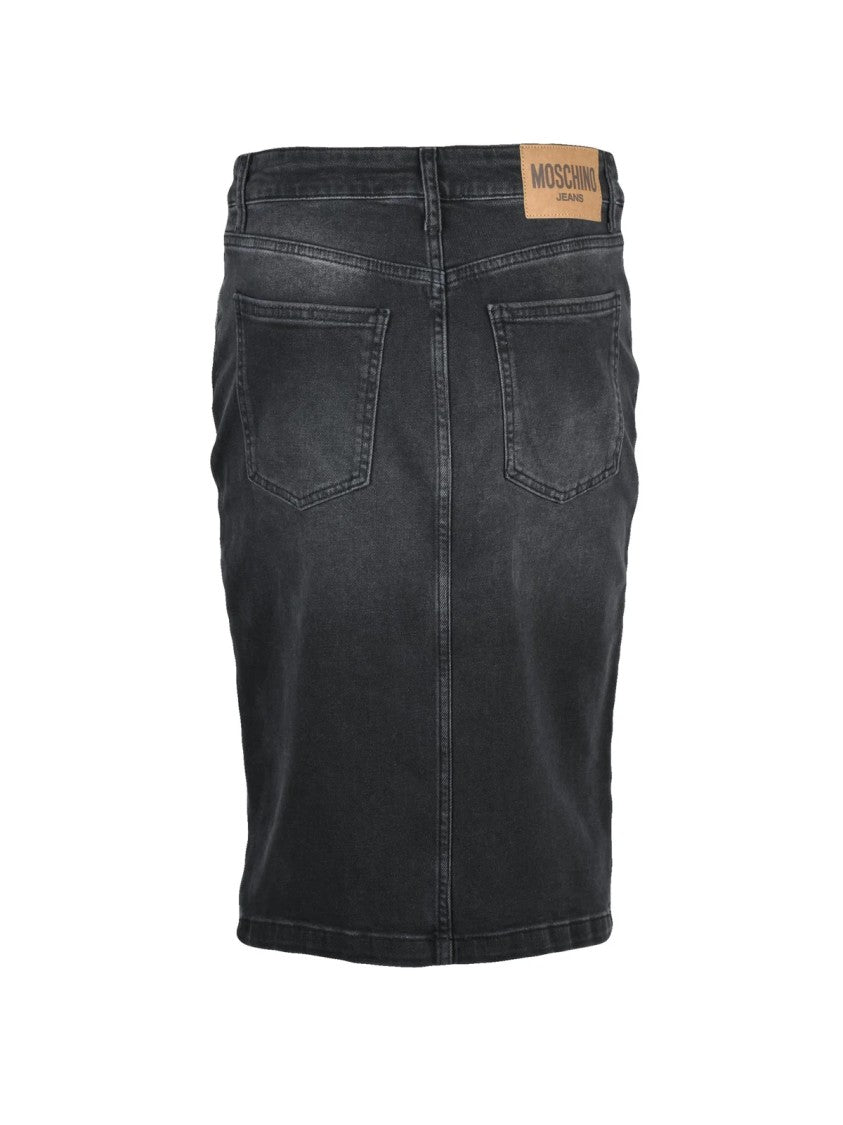 Mo5ch1no Jeans Black Stretch Cotton Zip Denim Midi Skirt