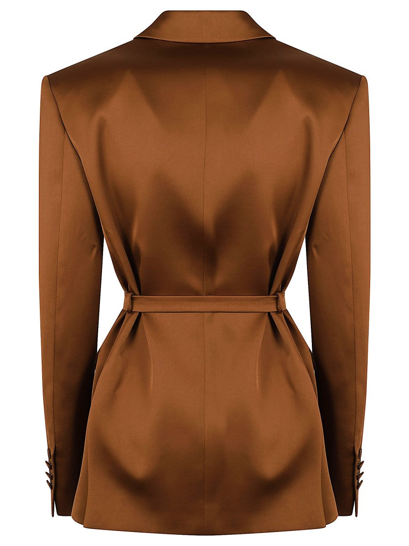 The Andamane Belted Satin Blazer With Structured Shoulders