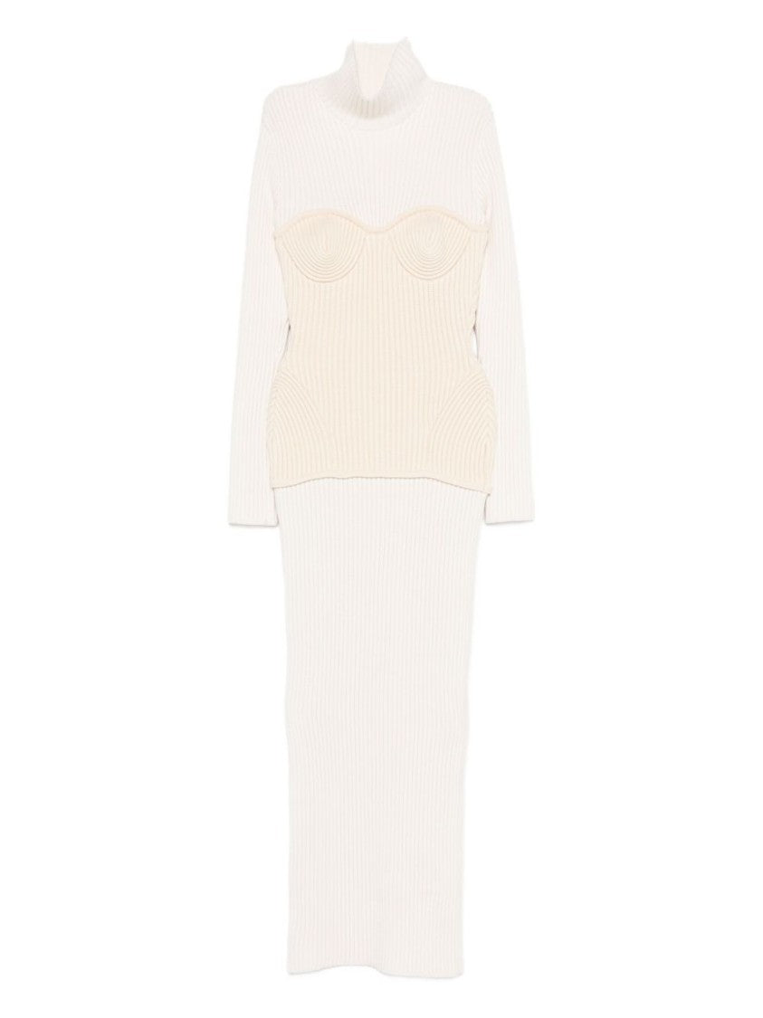 Jean Paul Gaultier Off-White Ribbed Knit Turtleneck Dress