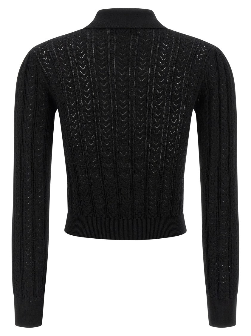 Alessandra Rich V-Neck Openwork Knit Cardigan With Jewel Buttons
