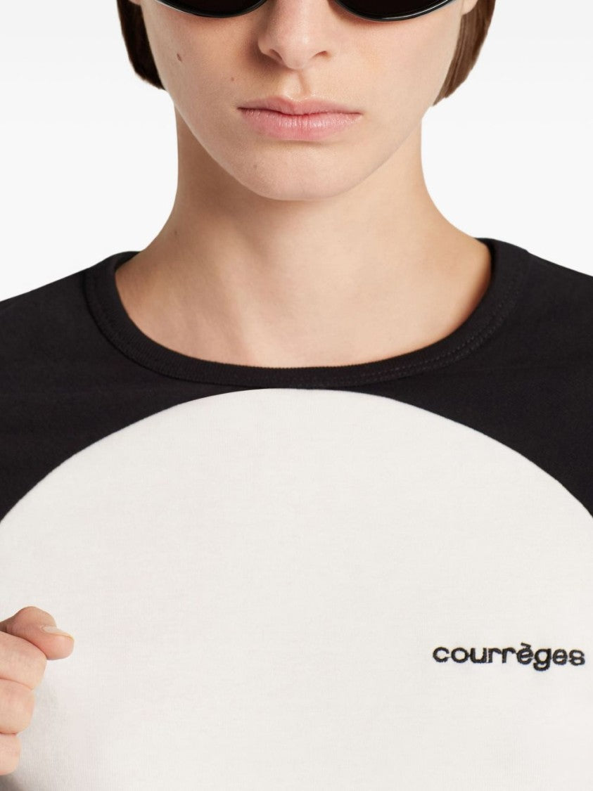 Courrèges Long-Sleeved Contrast T-Shirt With Rounded Hem And Logo Print