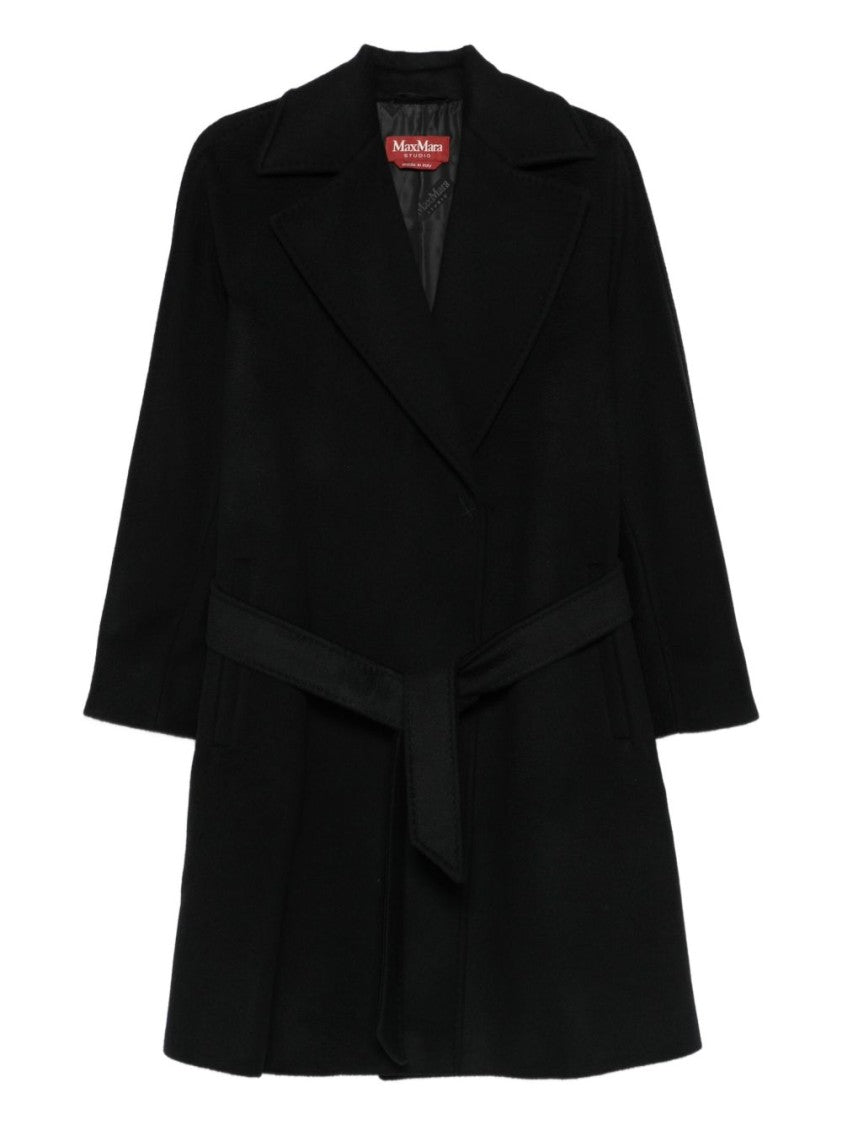 Max Mara Belted Black Overcoat With Wide Lapels