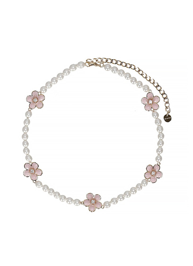 Self-Portrait Floral Brass Necklace With Pearl String And Crystal Accents