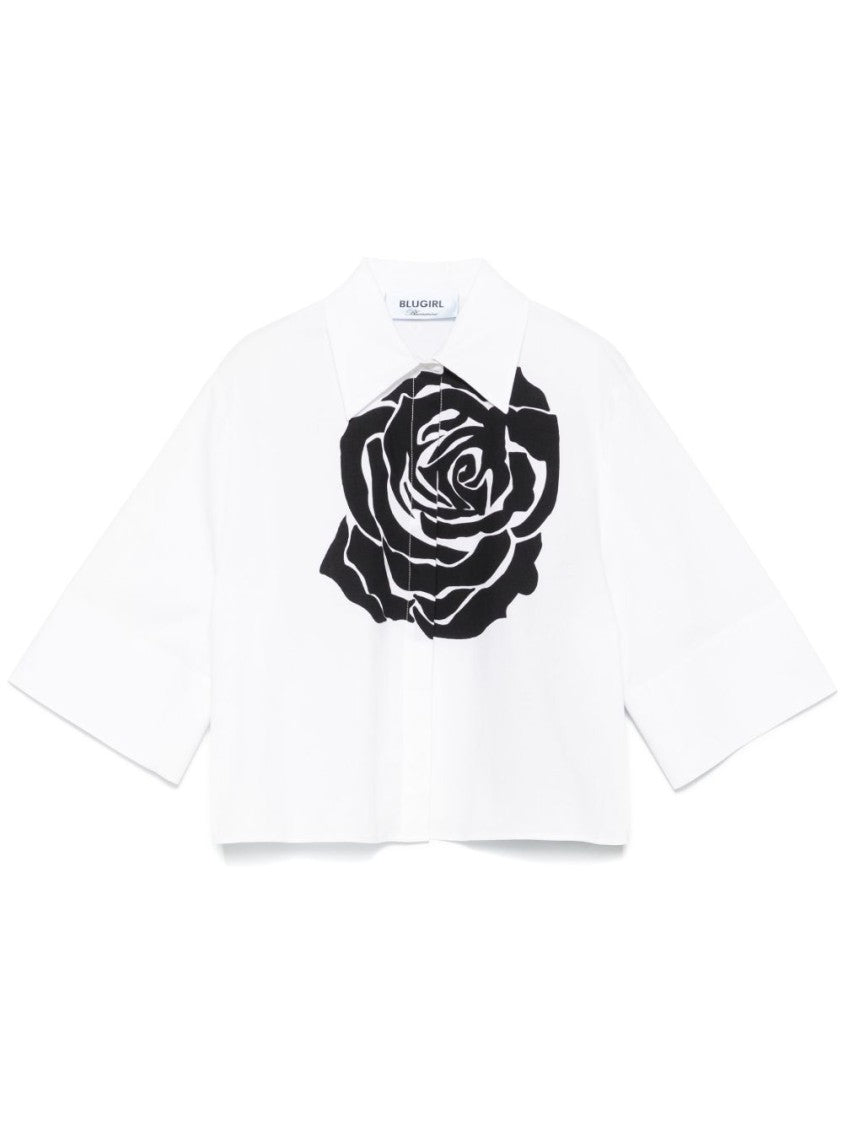 Blugirl Cropped White Shirt With Black Rose Graphic