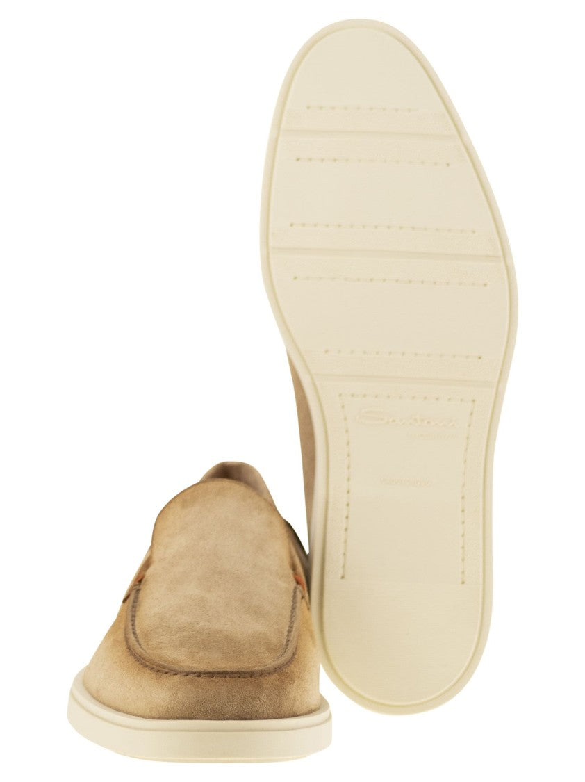 Santoni Suede Moccasin With Orange Thread Detailing