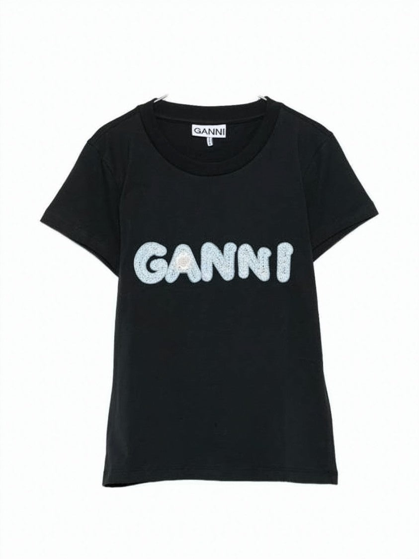 Ganni Fitted Black T-Shirt With Textured Logo Design