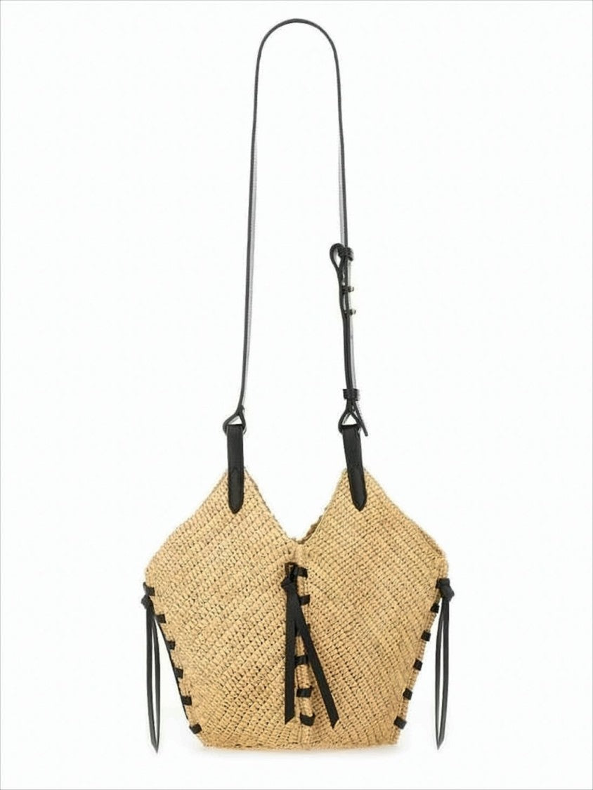 Isabel Marant Woven Raffia Shoulder Bag With Black Leather Accents