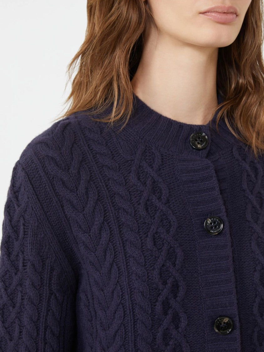 Max Mara Textured Navy Blue Cardigan With Ribbed Hem