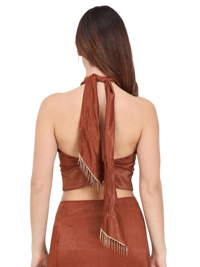 Akep Brown Viscose-Blend Sleeveless Halter Crop Top