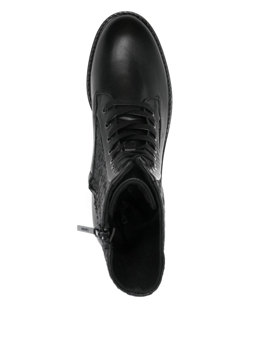 Calvin Klein Black Mono Mix Flat Combat Leather Ankle Boots