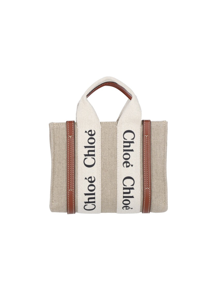 Chloé Beige Woody Mini Linen Tote Bag