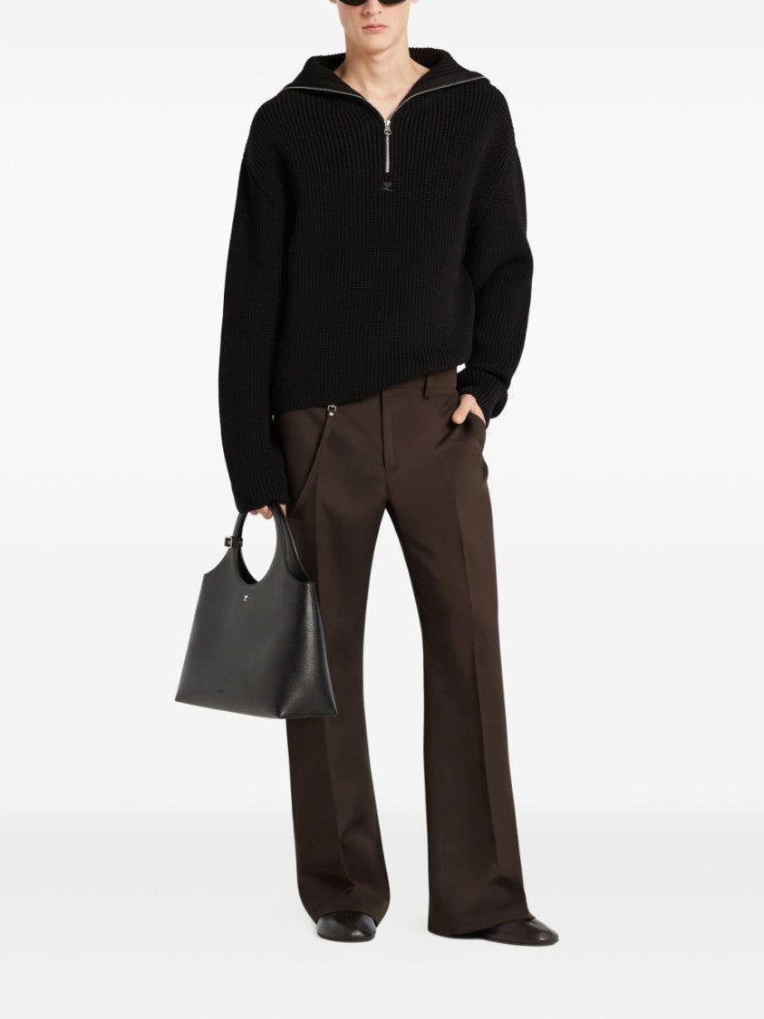 Courrèges Black Ribbed Knit High Collar Sweater