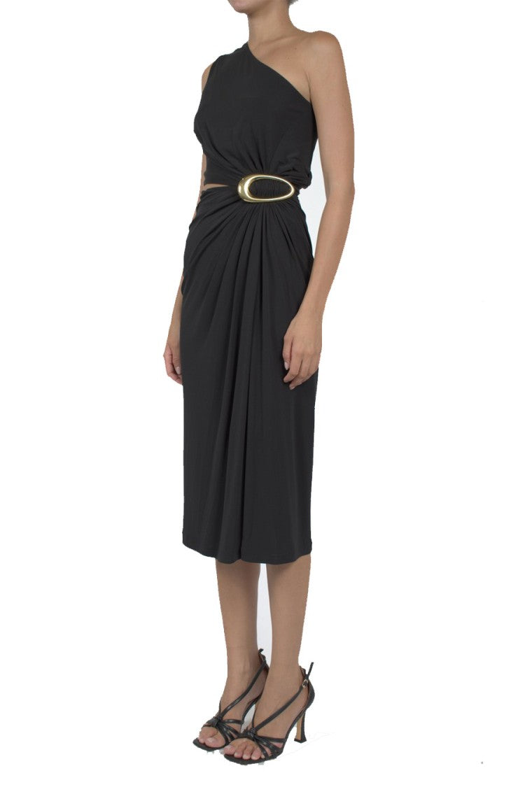 Bottega Veneta Black One-Shoulder Draped Cut-Out Viscose Midi Dress