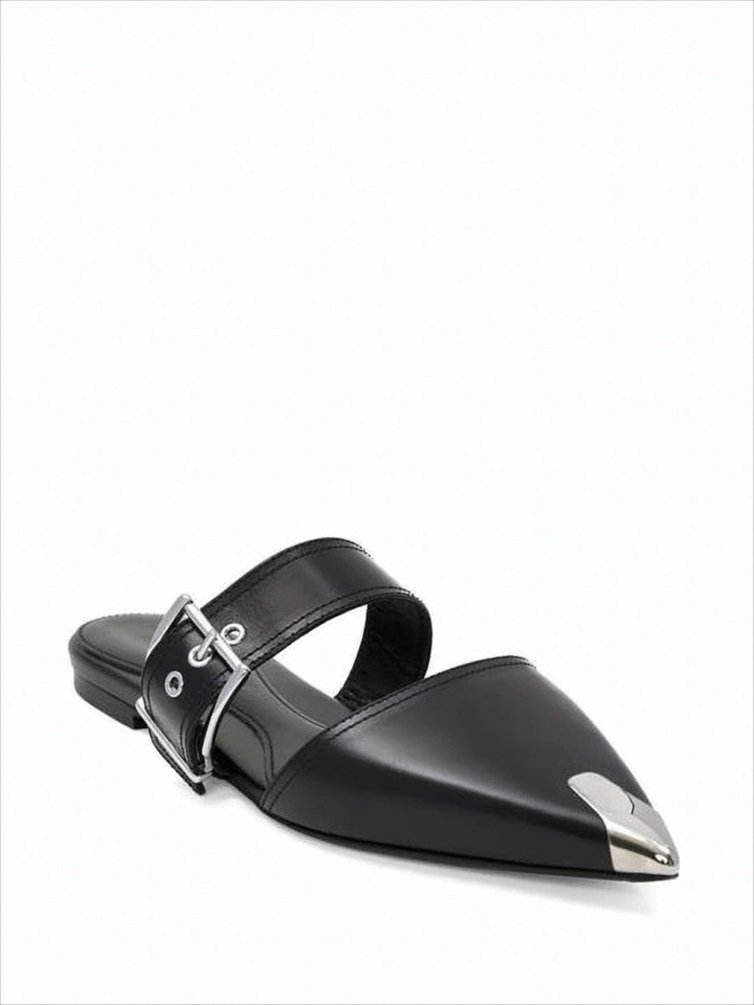 Alexander Mcqueen Pointed-Toe Leather Mule With Silver Buckle Detail
