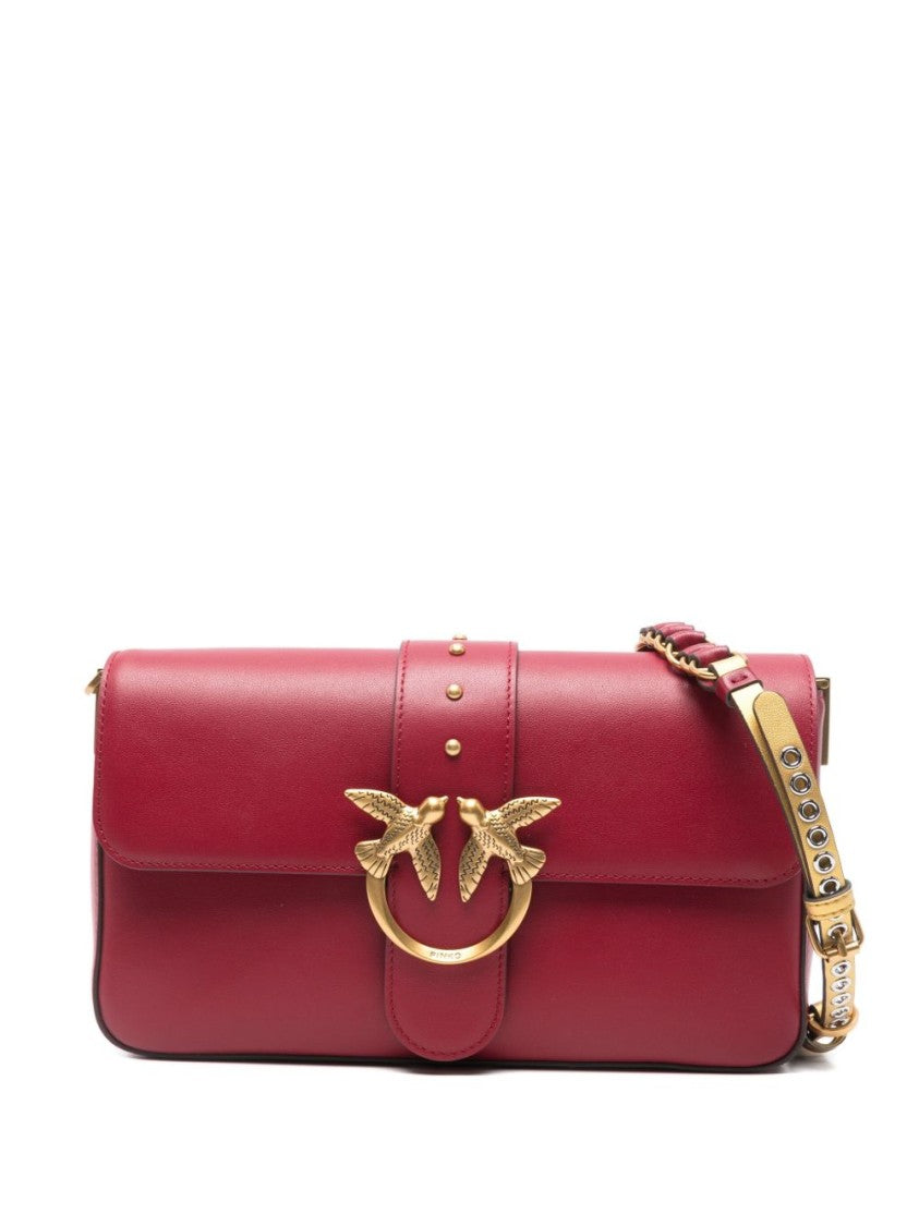 Pinko Structured Red Calfskin Shoulder Bag With Gold Clasp