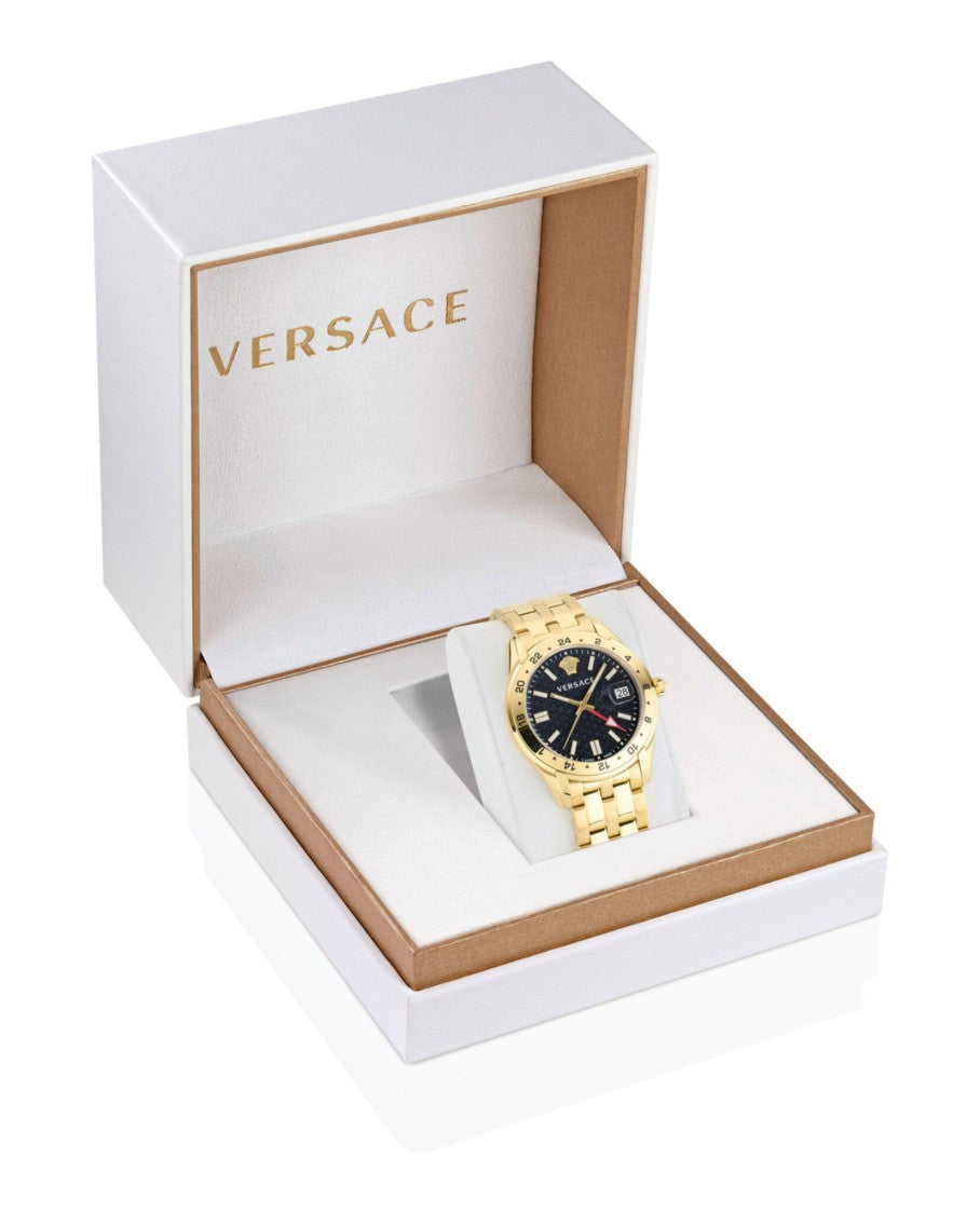 Versace Swiss Made Gmt Quartz Watch With Black Guilloche Dial