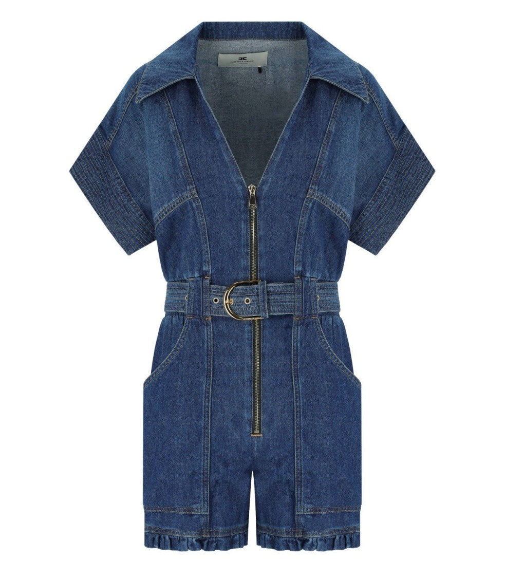 Elisabetta Franchi Blue Denim Short Jumpsuit