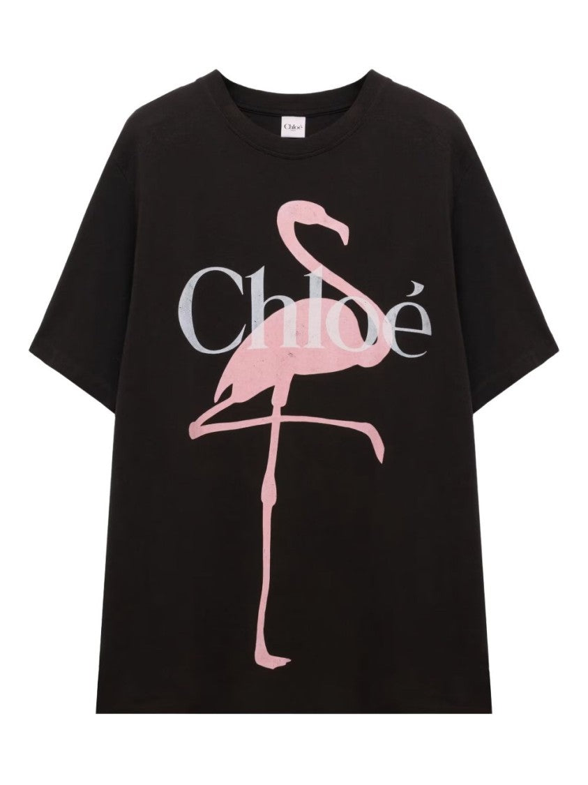 Chloé Black Short-Sleeved Dress With Flamingo Graphic