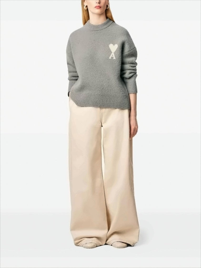 Ami Paris Grey Knit Sweater With Heart Motif