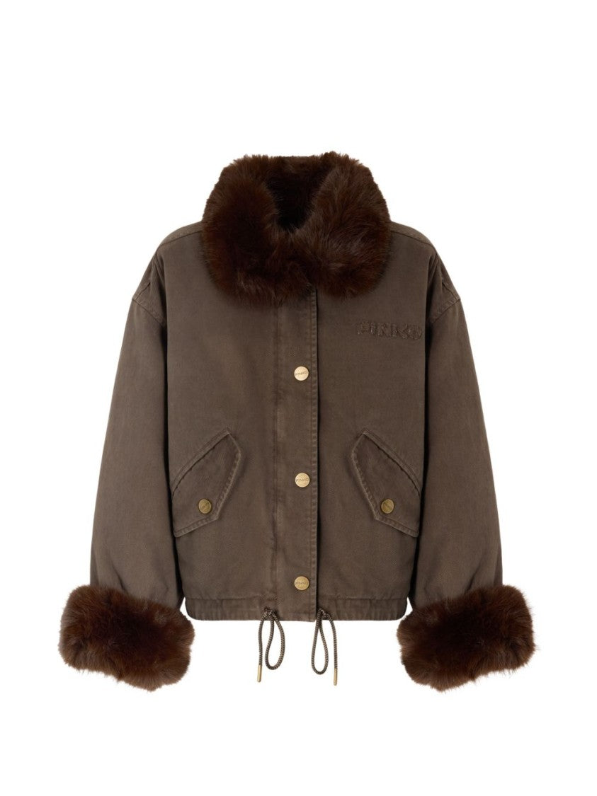 Pinko Cropped Brown Jacket With Plush Fur Collar