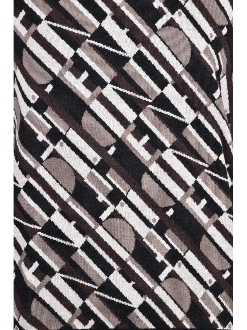 Fendi Brown/Black Geometric Pattern Wool-Blend Crewneck Sweater