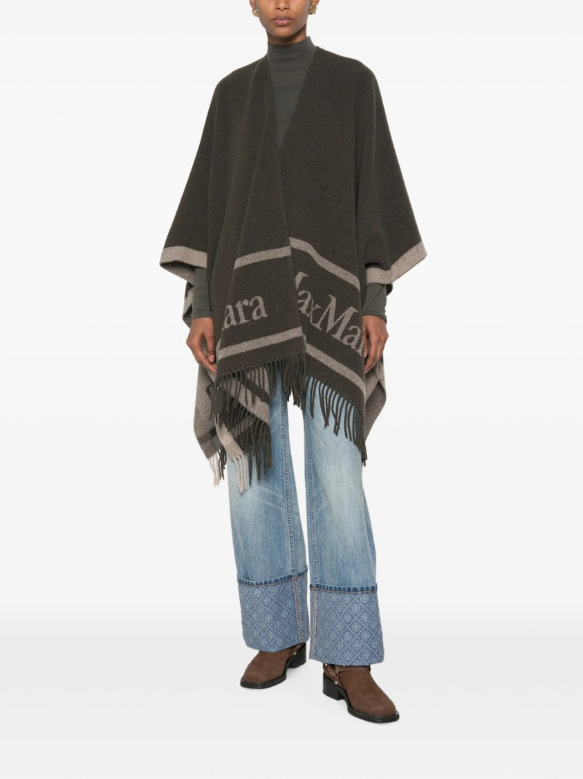 Max Mara Two-Tone Wool Poncho With Deep V-Neck And Fringed Hem