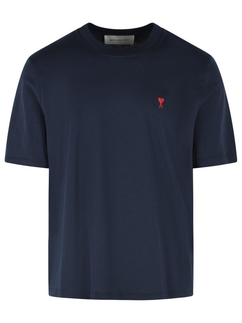 Ami Paris Classic Blue Cotton T-Shirt With Ribbed Neckline