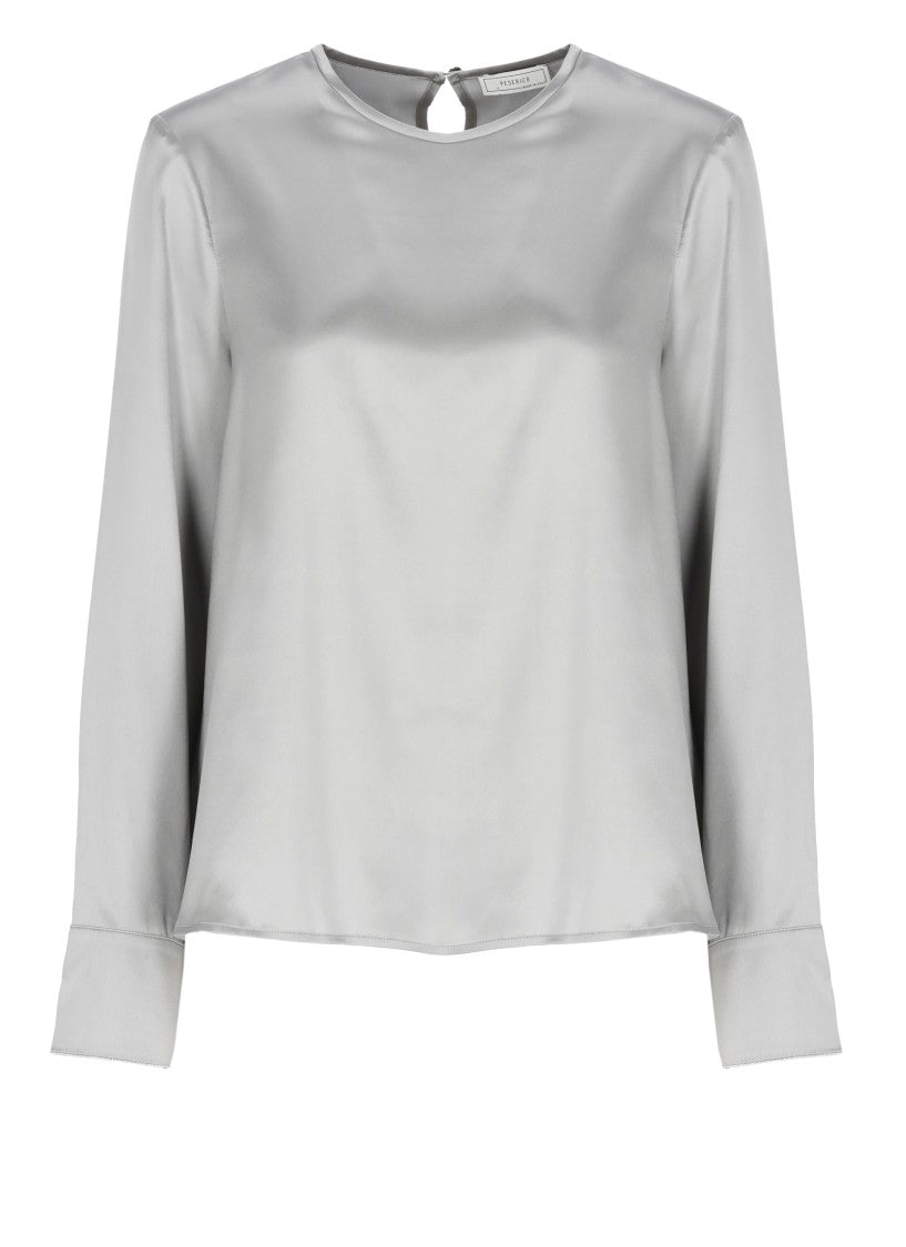 Peserico Metallic Grey Silver Beaded Silk Blouse