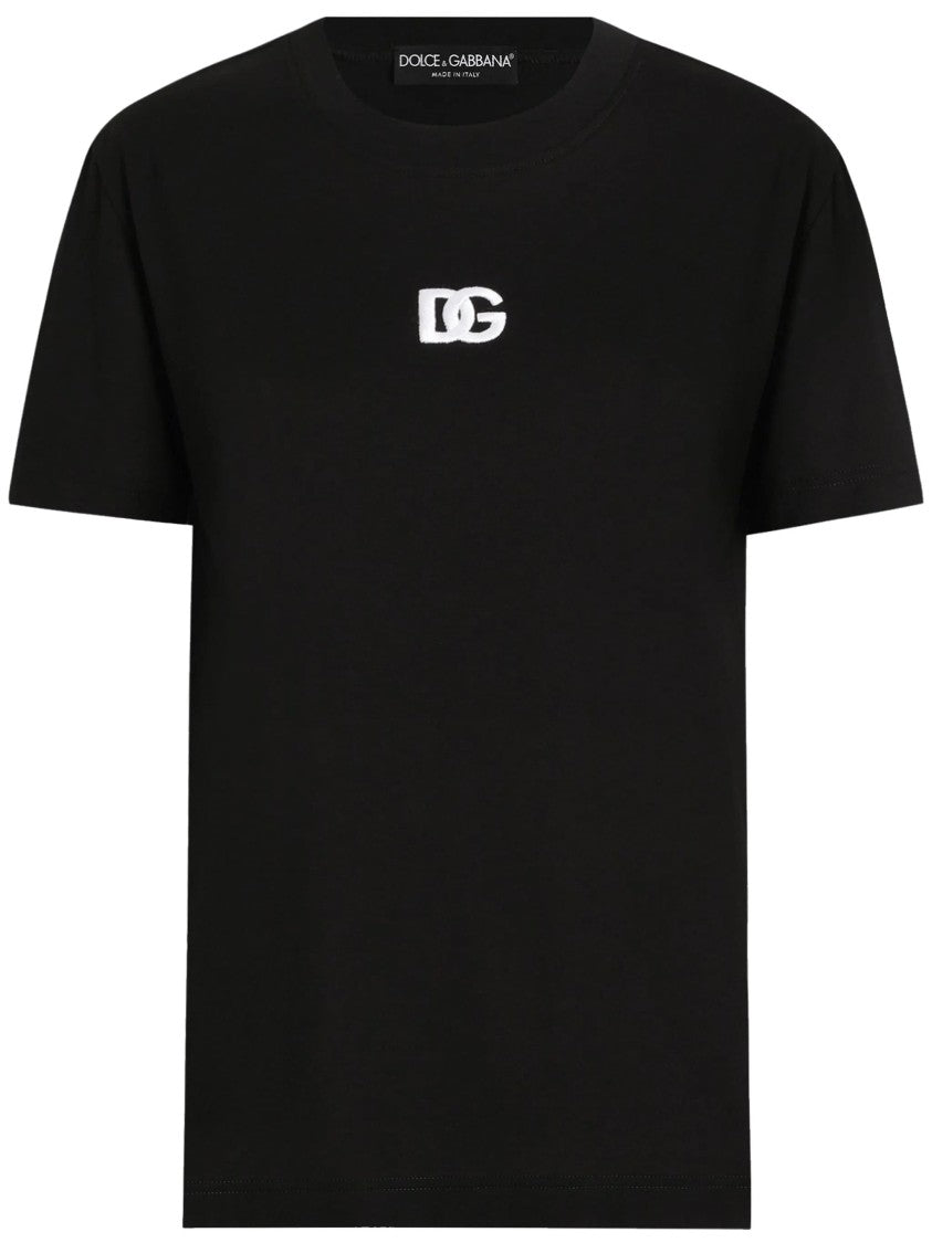 Dolce & Gabbana Black Jersey Cotton White Embroidered T-Shirt
