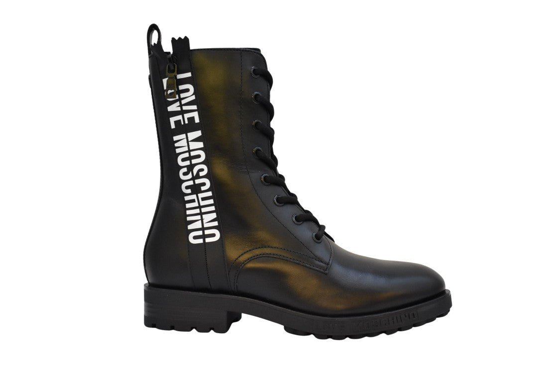 Moschino Lace-Up Black Flat Boots With Sole