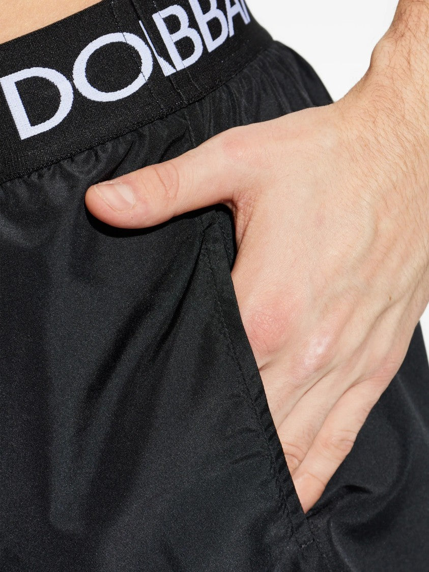Dolce & Gabbana Black Fitted Logo Waistband Polyester Shorts