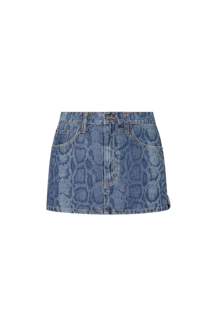 Liu Jo X Capsule 1 Elodie Blue Snake-Print Faded Denim Mini Skirt